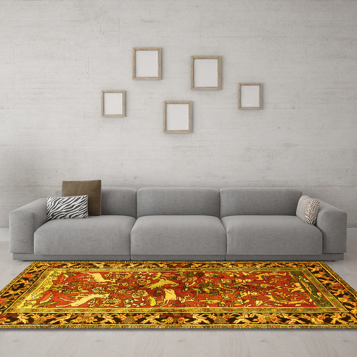Machine Washable Animal Yellow Traditional Rug in a Living Room, wshtr392yw