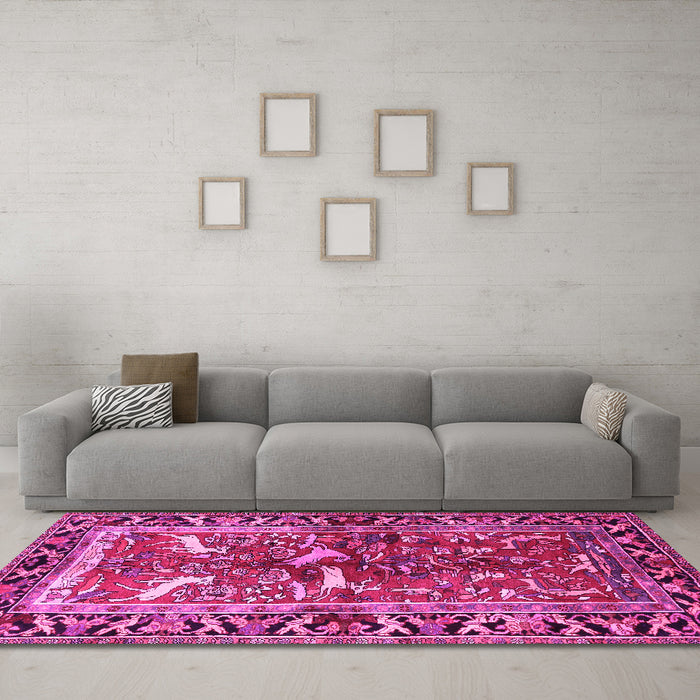 Machine Washable Animal Pink Traditional Rug in a Living Room, wshtr392pnk