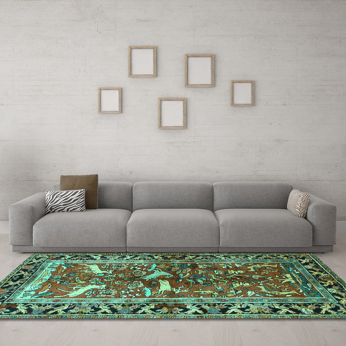 Machine Washable Animal Turquoise Traditional Area Rugs in a Living Room,, wshtr392turq