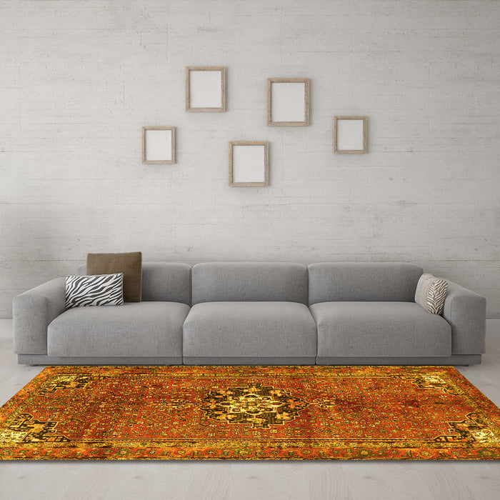 Machine Washable Medallion Yellow Traditional Rug in a Living Room, wshtr3930yw