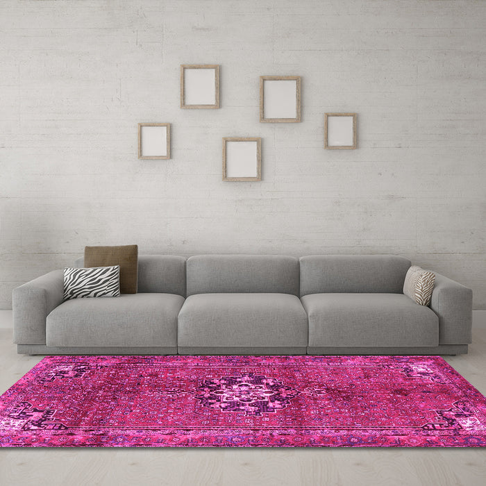 Machine Washable Medallion Pink Traditional Rug in a Living Room, wshtr3930pnk