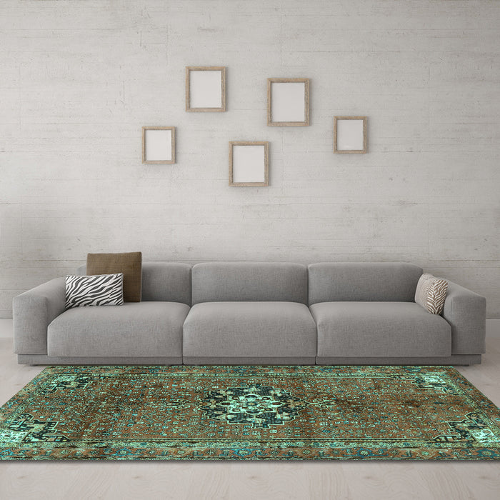 Machine Washable Medallion Turquoise Traditional Area Rugs in a Living Room,, wshtr3930turq