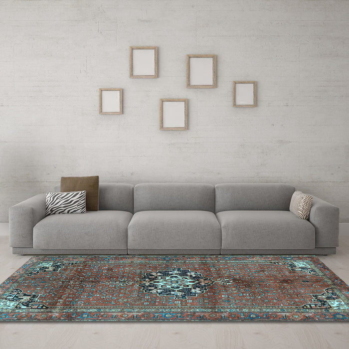 Machine Washable Medallion Light Blue Traditional Rug in a Living Room, wshtr3930lblu