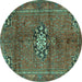 Round Machine Washable Medallion Turquoise Traditional Area Rugs, wshtr3930turq