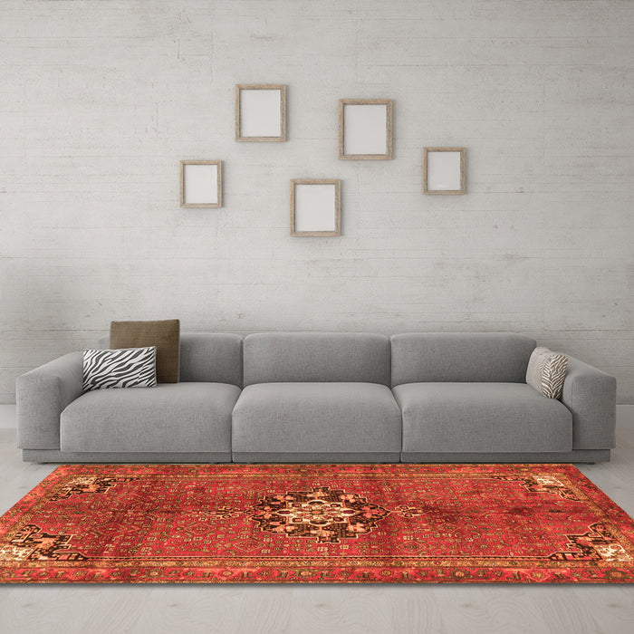 Machine Washable Medallion Orange Traditional Area Rugs in a Living Room, wshtr3930org