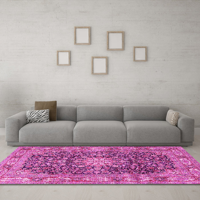 Machine Washable Medallion Pink Traditional Rug in a Living Room, wshtr3932pnk