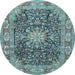 Round Machine Washable Medallion Light Blue Traditional Rug, wshtr3932lblu