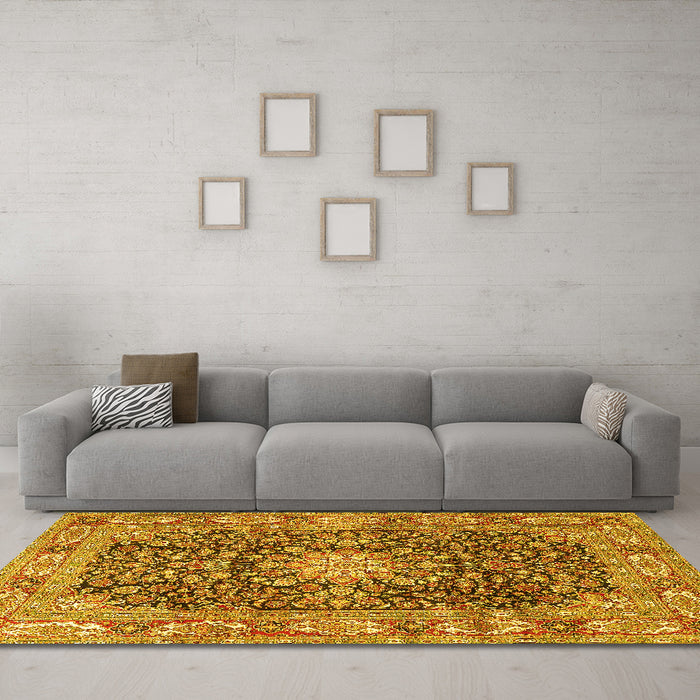 Machine Washable Medallion Yellow Traditional Rug in a Living Room, wshtr3932yw