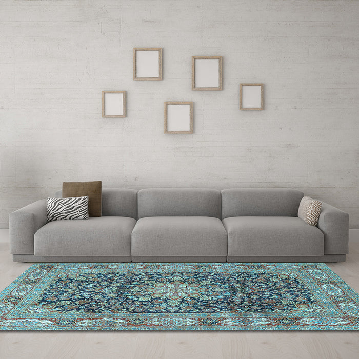 Machine Washable Medallion Light Blue Traditional Rug in a Living Room, wshtr3932lblu