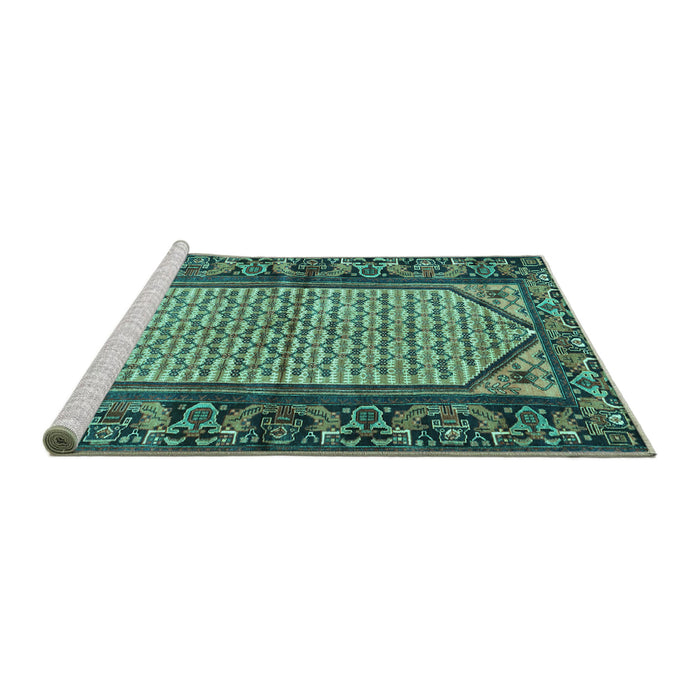 Sideview of Machine Washable Persian Turquoise Traditional Area Rugs, wshtr3933turq