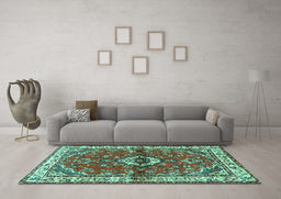 Machine Washable Persian Turquoise Traditional Area Rugs in a Living Room,, wshtr3934turq