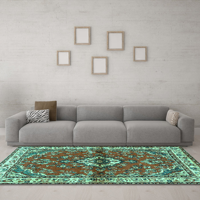 Machine Washable Persian Turquoise Traditional Area Rugs in a Living Room,, wshtr3934turq