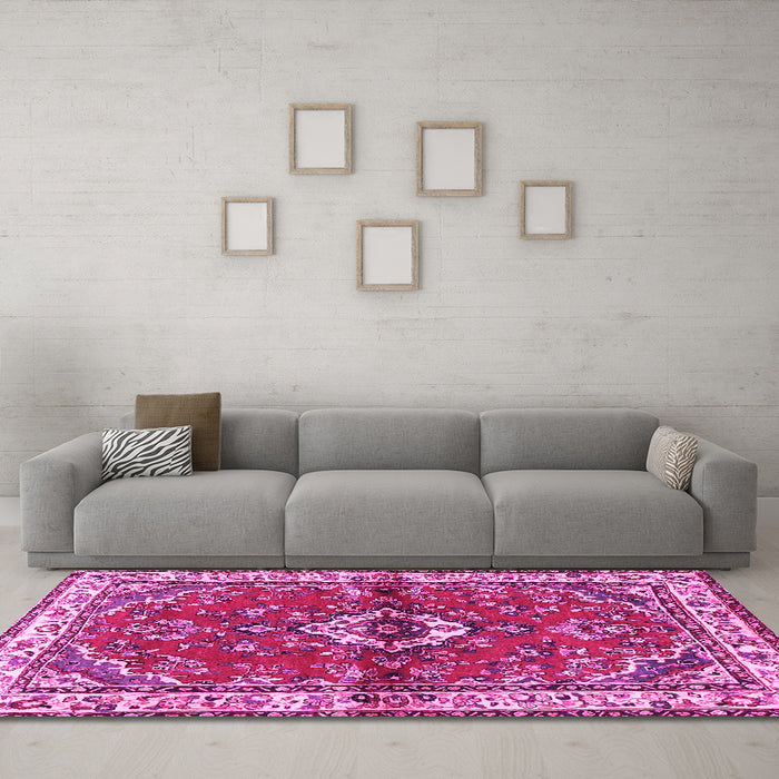 Machine Washable Persian Pink Traditional Rug in a Living Room, wshtr3934pnk