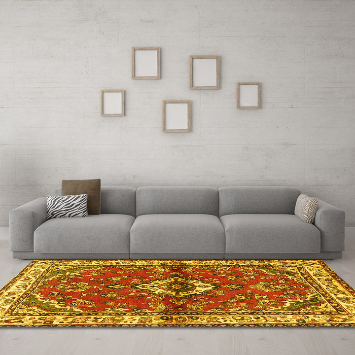 Machine Washable Persian Yellow Traditional Rug in a Living Room, wshtr3934yw