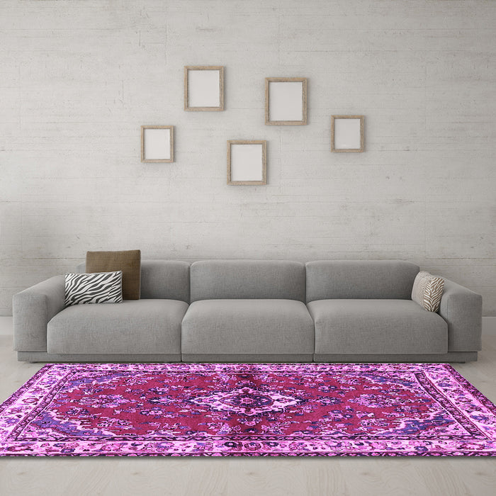 Machine Washable Persian Purple Traditional Area Rugs in a Living Room, wshtr3934pur