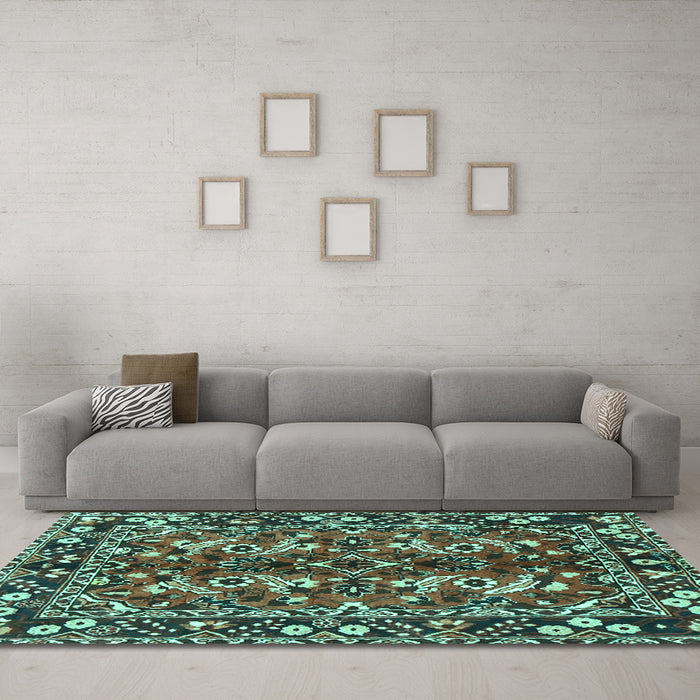 Machine Washable Persian Turquoise Traditional Area Rugs in a Living Room,, wshtr3935turq