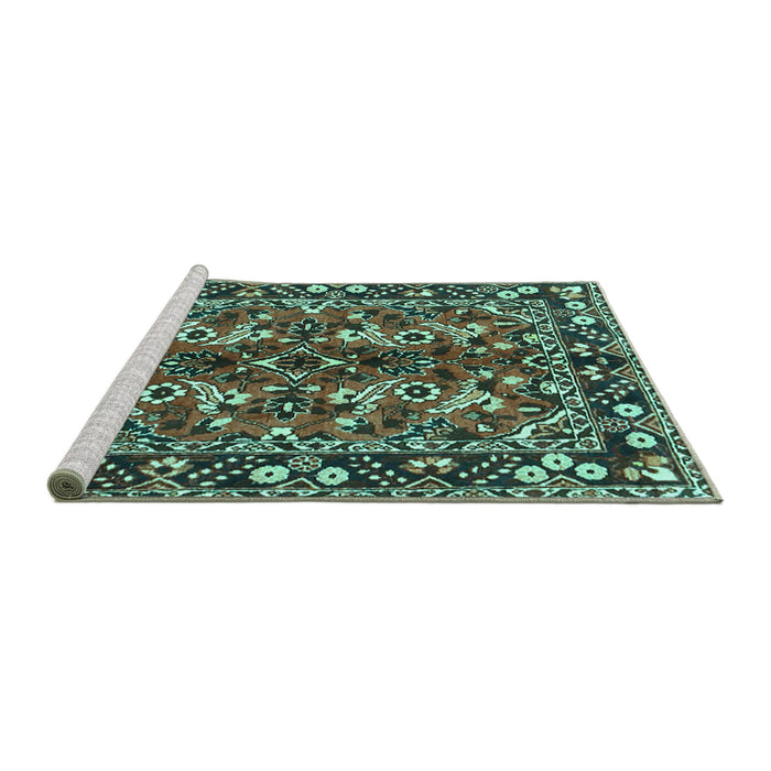 Sideview of Machine Washable Persian Turquoise Traditional Area Rugs, wshtr3935turq
