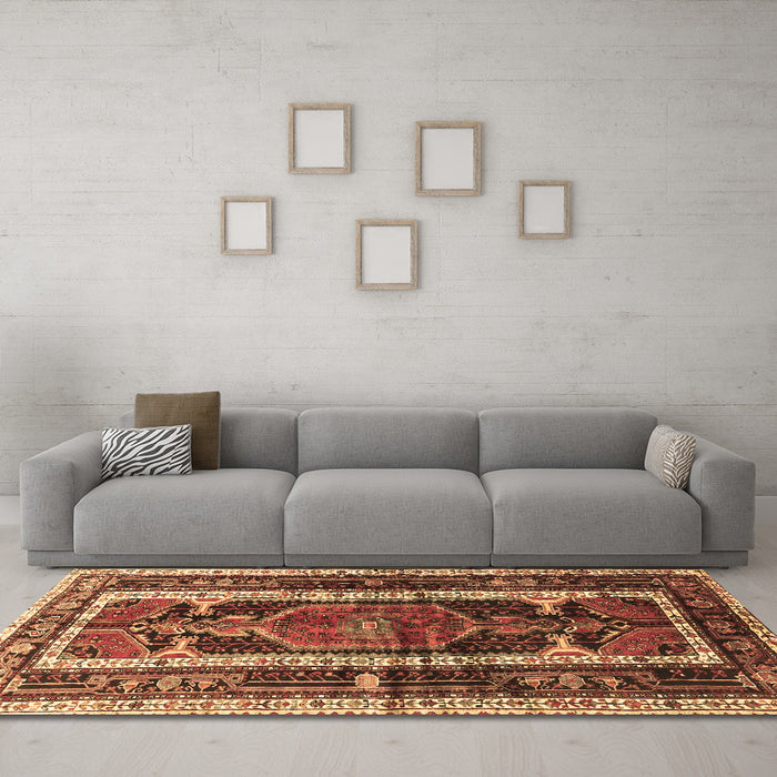 Machine Washable Medallion Brown Traditional Rug in a Living Room,, wshtr3937brn