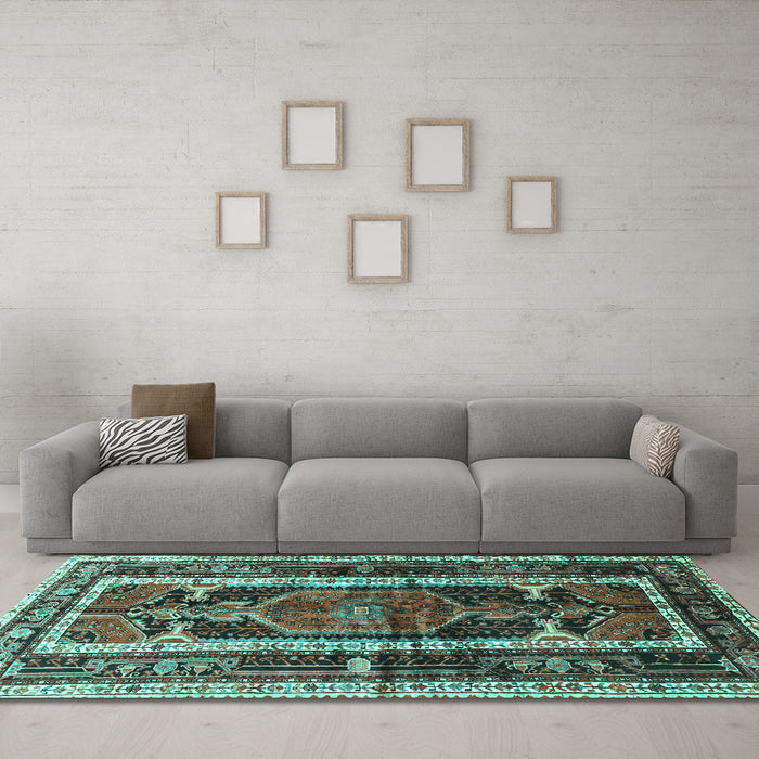 Machine Washable Medallion Turquoise Traditional Area Rugs in a Living Room,, wshtr3937turq