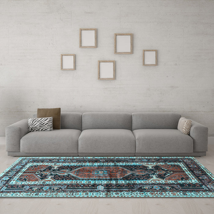 Machine Washable Medallion Light Blue Traditional Rug in a Living Room, wshtr3937lblu