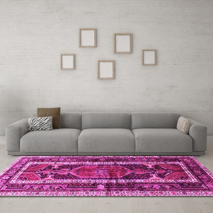 Machine Washable Medallion Pink Traditional Rug in a Living Room, wshtr3937pnk