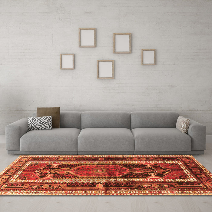 Machine Washable Medallion Orange Traditional Area Rugs in a Living Room, wshtr3937org