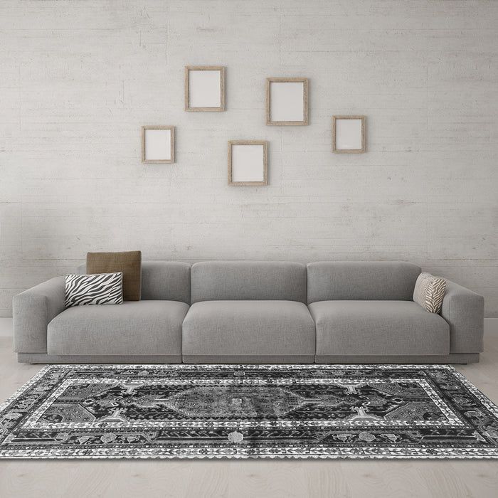 Machine Washable Medallion Gray Traditional Rug in a Living Room,, wshtr3937gry