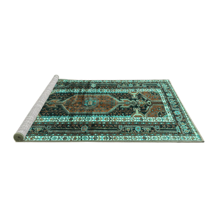 Sideview of Machine Washable Medallion Turquoise Traditional Area Rugs, wshtr3937turq