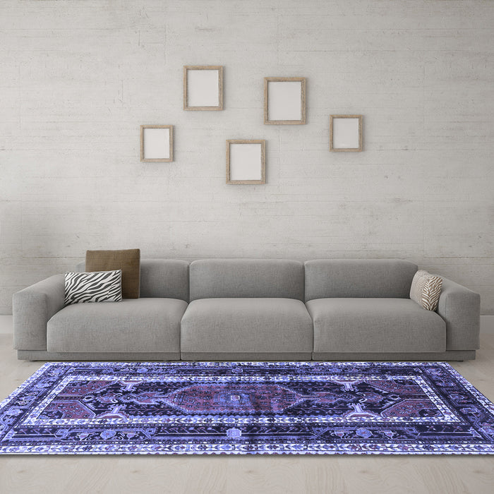 Machine Washable Medallion Blue Traditional Rug in a Living Room, wshtr3937blu