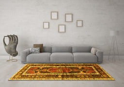 Machine Washable Medallion Yellow Traditional Rug in a Living Room, wshtr3937yw
