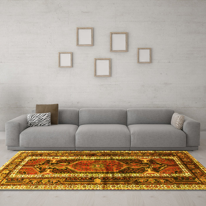 Machine Washable Medallion Yellow Traditional Rug in a Living Room, wshtr3937yw