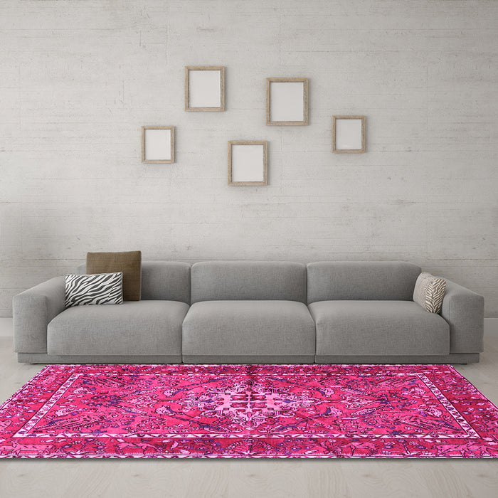 Machine Washable Persian Pink Traditional Rug in a Living Room, wshtr3945pnk