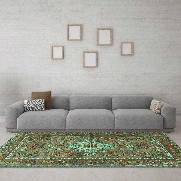 Machine Washable Persian Turquoise Traditional Area Rugs in a Living Room,, wshtr3945turq