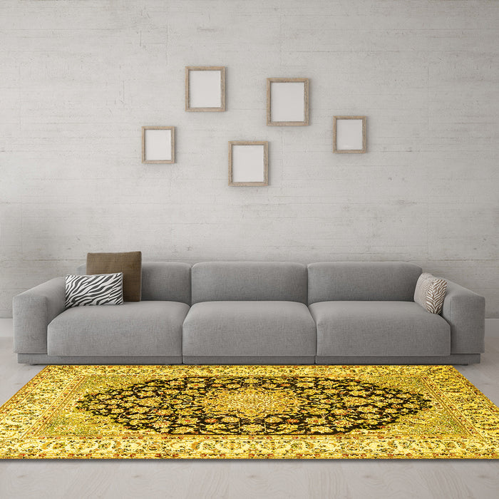 Machine Washable Persian Yellow Traditional Rug in a Living Room, wshtr3946yw