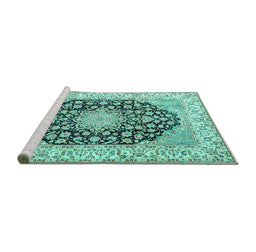 Sideview of Machine Washable Persian Turquoise Traditional Area Rugs, wshtr3946turq