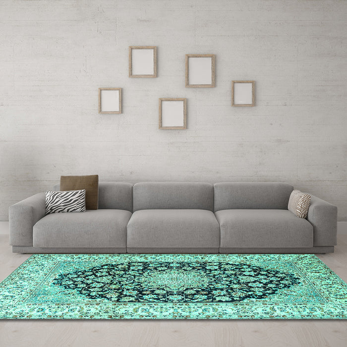 Machine Washable Persian Turquoise Traditional Area Rugs in a Living Room,, wshtr3946turq