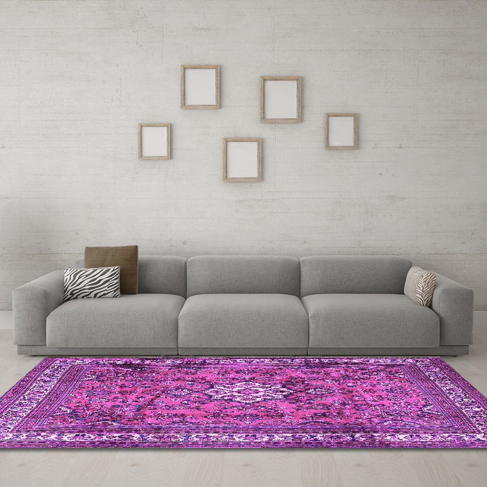 Machine Washable Persian Purple Traditional Area Rugs in a Living Room, wshtr3947pur