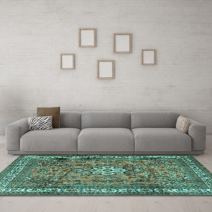 Machine Washable Persian Turquoise Traditional Area Rugs in a Living Room,, wshtr3947turq