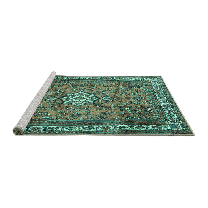 Sideview of Machine Washable Persian Turquoise Traditional Area Rugs, wshtr3947turq