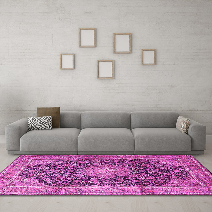Machine Washable Persian Pink Traditional Rug in a Living Room, wshtr3948pnk