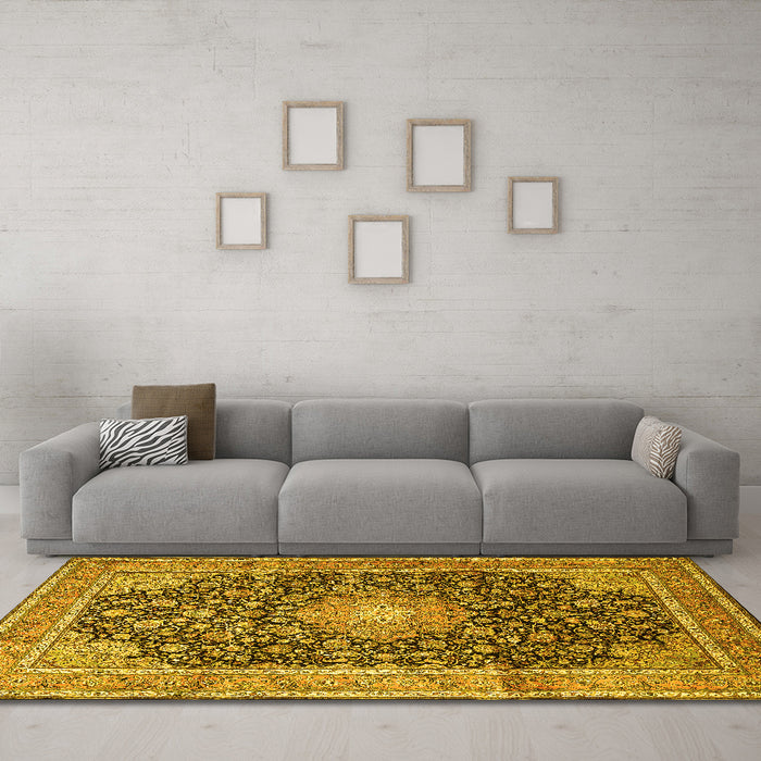 Machine Washable Persian Yellow Traditional Rug in a Living Room, wshtr3948yw
