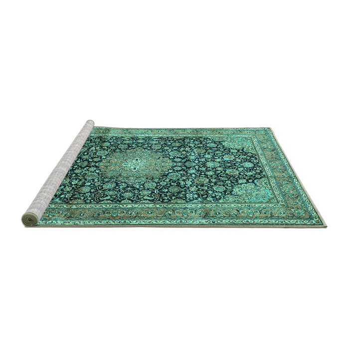 Sideview of Machine Washable Persian Turquoise Traditional Area Rugs, wshtr3948turq