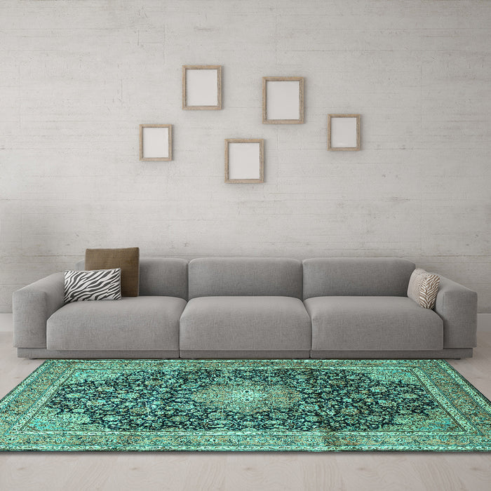 Machine Washable Persian Turquoise Traditional Area Rugs in a Living Room,, wshtr3948turq