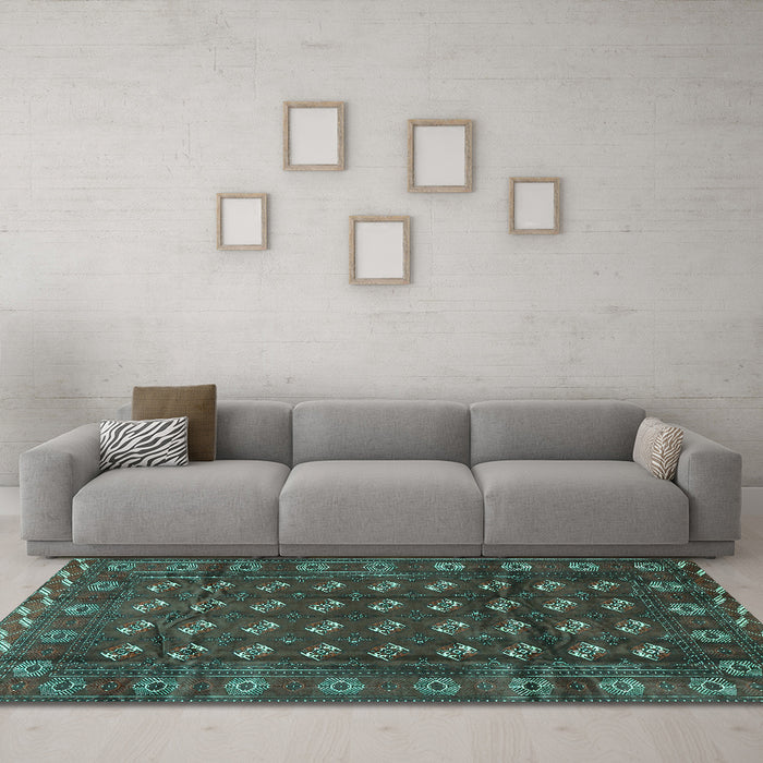 Machine Washable Persian Turquoise Traditional Area Rugs in a Living Room,, wshtr3949turq