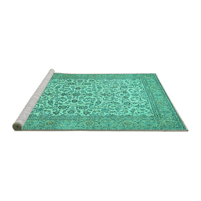 Sideview of Machine Washable Persian Turquoise Traditional Area Rugs, wshtr394turq