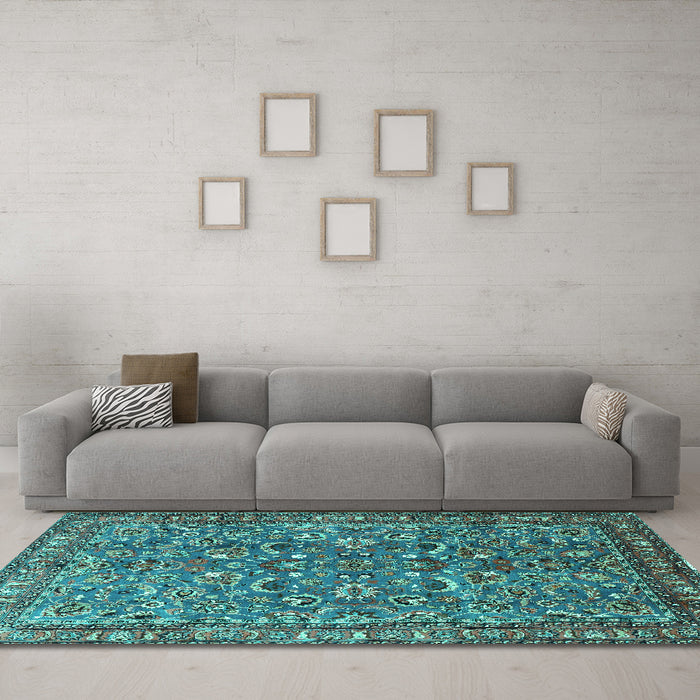 Machine Washable Persian Turquoise Traditional Area Rugs in a Living Room,, wshtr3950turq