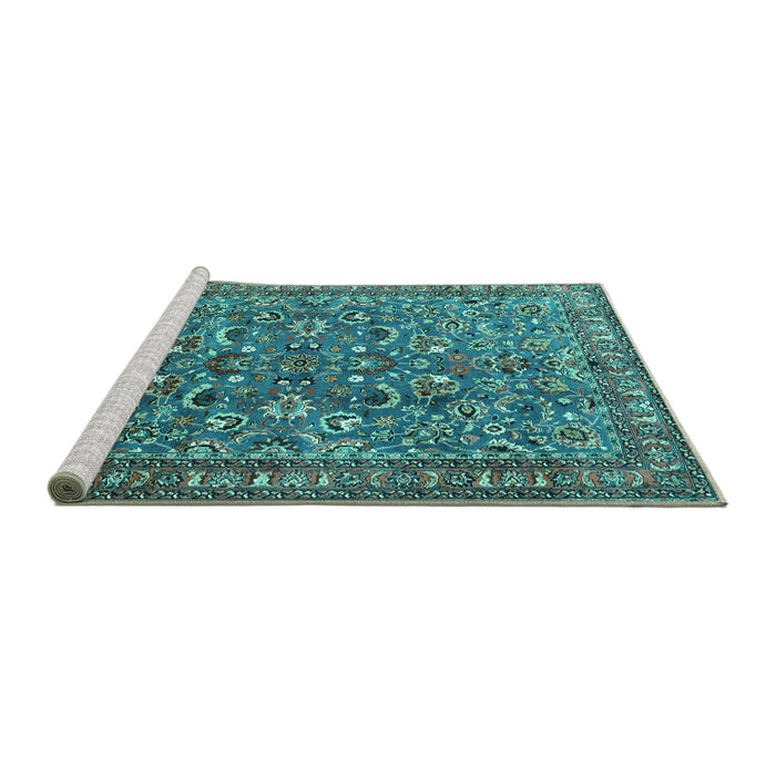 Sideview of Machine Washable Persian Turquoise Traditional Area Rugs, wshtr3950turq