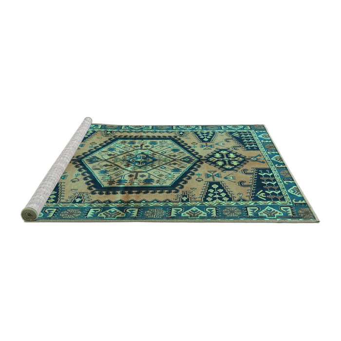 Sideview of Machine Washable Persian Turquoise Traditional Area Rugs, wshtr3951turq
