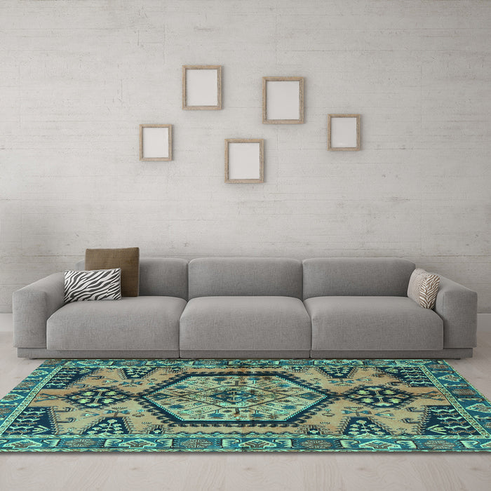 Machine Washable Persian Turquoise Traditional Area Rugs in a Living Room,, wshtr3951turq