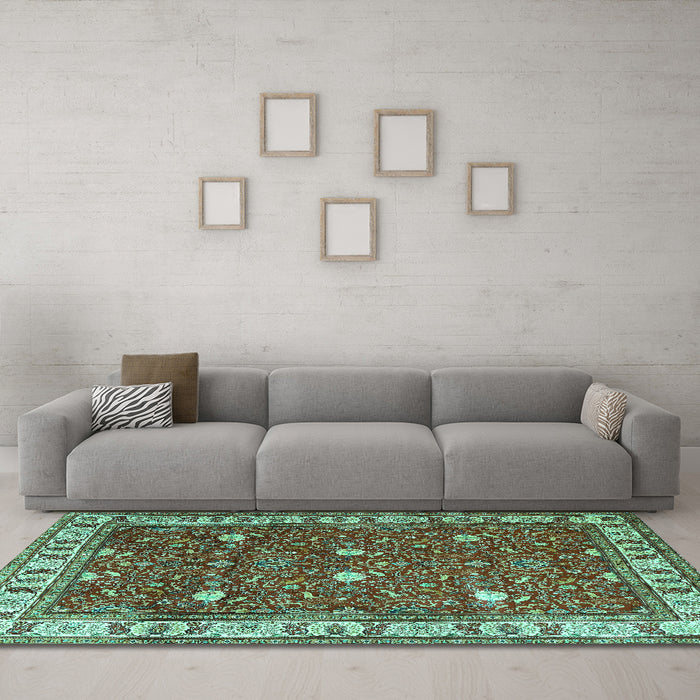 Machine Washable Persian Turquoise Traditional Area Rugs in a Living Room,, wshtr3952turq